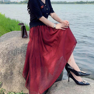 高腰A字半身裙女款2026夏季新款显瘦宽松气质休闲沙滩度假长裙子