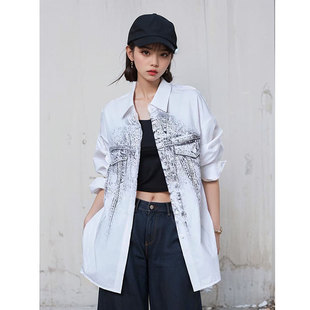 蜃楼衬衫 后街女孩~做旧小众印花宽松休闲衬衣