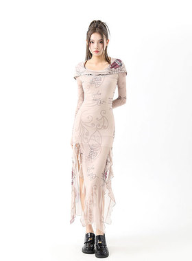 沙丘废土辣妹连衣裙女夏春秋小众设计感修身开叉长款裙子