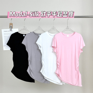 夏季圆领收腰显瘦运动T恤短袖女 Modal-Silk不规则瑜伽健身上衣