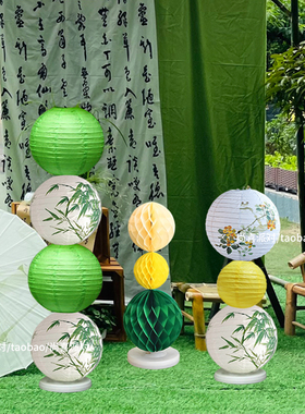 春天绿色系灯笼立柱蜂窝球橱窗拍照道具节日美陈装饰摆件场景布置