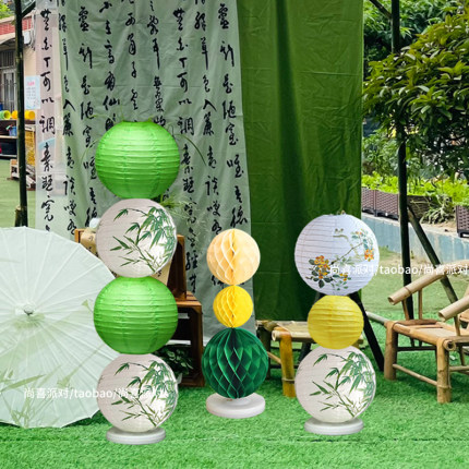 国风绿色灯笼立柱蜂窝球拍照道具幼儿园装饰落地摆件路引场景布置
