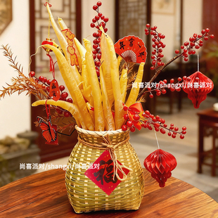 鱼胶福字竹篓摆件花胶装饰新年拍照道具店铺diy福桶中式竹编手工