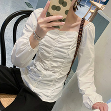 春夏新款复古褶皱长袖短款衬衫1