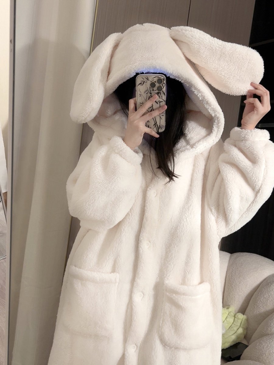 TEENAGE CUTE RABBIT EARS CORAL VELVET PAJAMAS WOMENS WINTER NEW HOODED NIGHTGOWN VELVET PLUSH THICKENED LOUNGEWEAR AUTUMN AND WINTER