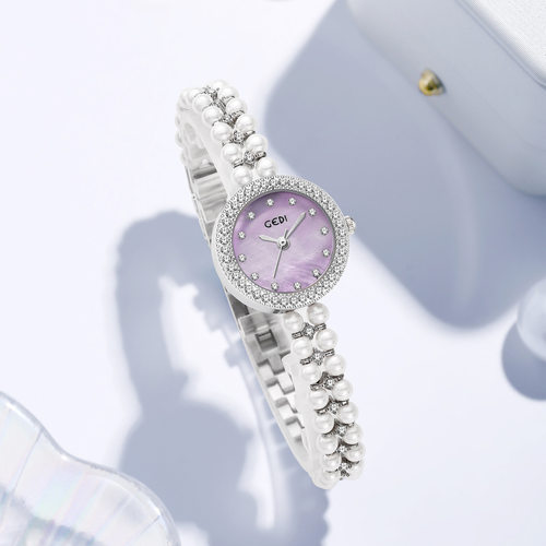 时尚贝珠手链表带女士手表小巧气质休闲轻奢水钻圆盘石英表