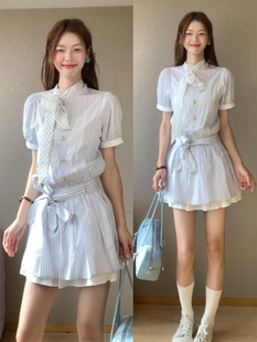 连衣裙子女夏2025新款 韩系学院风条纹衬衫 独特漂亮绝美巨好看短裙