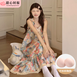 夏季 家居服 泡泡棉吊带睡裙女2025新款 夏天甜美公主风油画睡衣大码