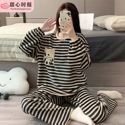 珊瑚绒睡衣女春秋冬季加厚保暖可爱法兰绒家居服公主风套装熊猫