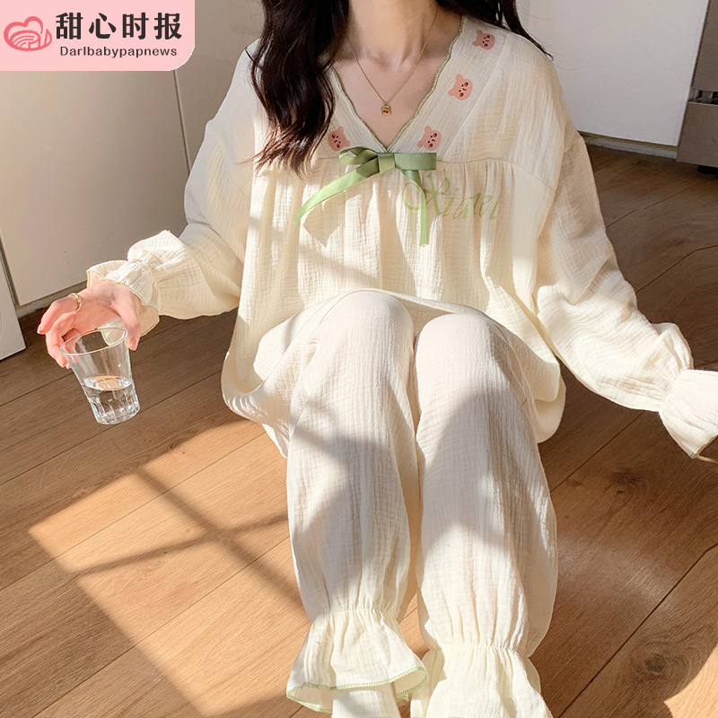 棉纱布长袖家居服甜心时报春秋女