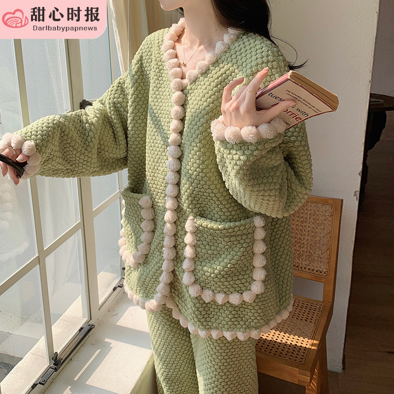 珊瑚绒睡衣女春秋冬季加厚保暖可爱法兰绒家居服公主风套装绿色