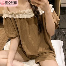 睡衣女夏季薄款短袖云朵棉宽松夏天可爱性感一字肩家居服两件套装