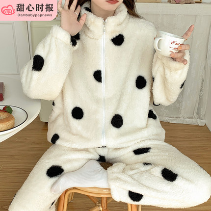 珊瑚绒睡衣女春秋冬季加厚保暖可爱法兰绒家居服公主风套装波点
