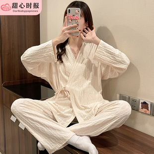 日系和服秋冬睡衣女春秋季长袖纯棉可爱夏天家居服两件套装杏色