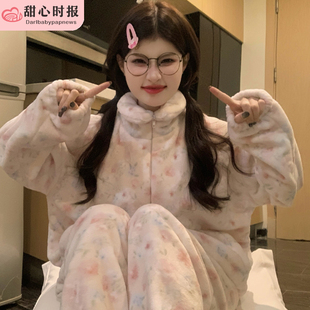 珊瑚绒睡衣女款冬季加绒加厚2025新款法兰绒秋冬款拉链家居服套装