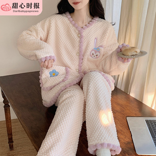 珊瑚绒睡衣女春秋冬季加厚保暖可爱法兰绒家居服公主风套装兔子