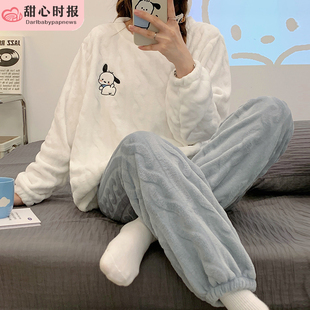 珊瑚绒睡衣女春秋冬季加厚保暖可爱法兰绒家居服公主风套装小狗