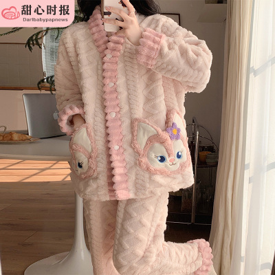 甜心时报女剪花长毛绒长袖家居服