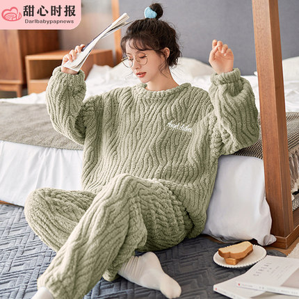 珊瑚绒睡衣女春秋冬季加厚保暖可爱法兰绒家居服公主风套装字母