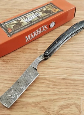 美国大理石Marbles 老式剃刀 大马士革钢刀刃 黑色木柄黄铜销