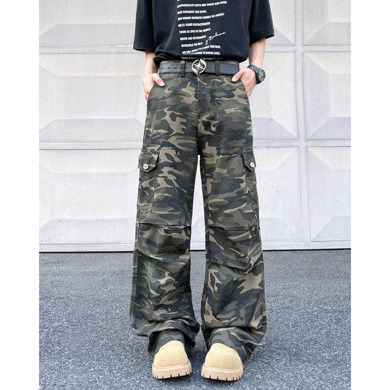 街头潮男迷彩工装裤宽松春夏季直筒牛仔裤男女百搭微喇小众设计感