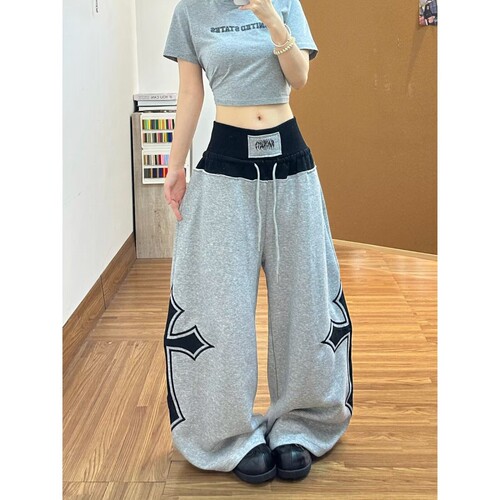 HY711十字刺绣美式复古弯刀宽松直筒阔腿灰色卫裤男女百搭休闲裤