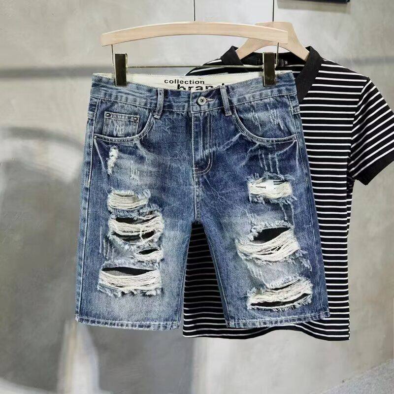 夏季薄款五分牛仔短裤男韩版潮流破洞修身休闲潮牌裤子男5分马裤
