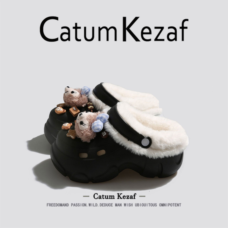 美国CatumKezaf黑色达菲熊加绒洞洞鞋女款冬季外穿厚底毛毛棉拖鞋