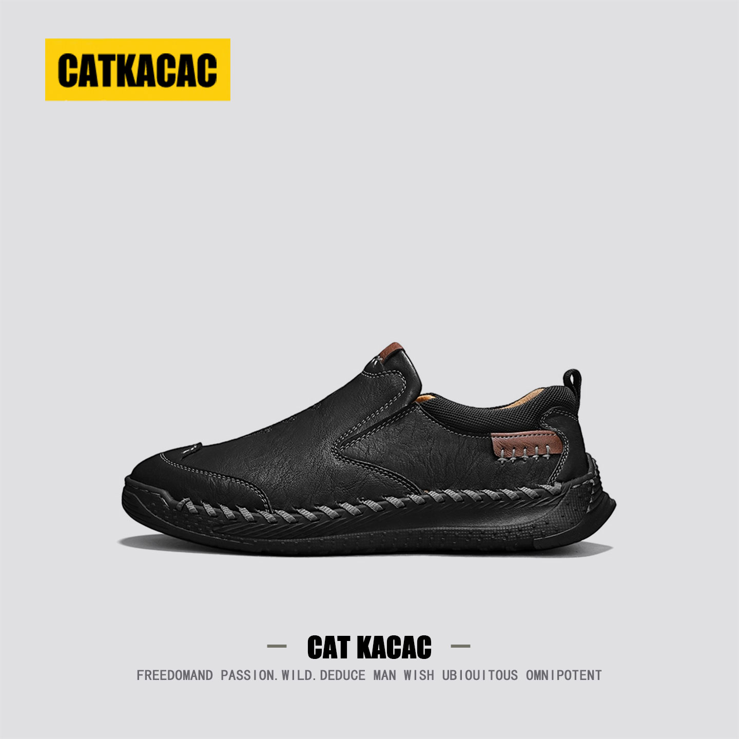 美国CATKACAC一脚蹬男鞋秋季爸爸豆豆鞋男士大码休闲皮鞋男款真皮