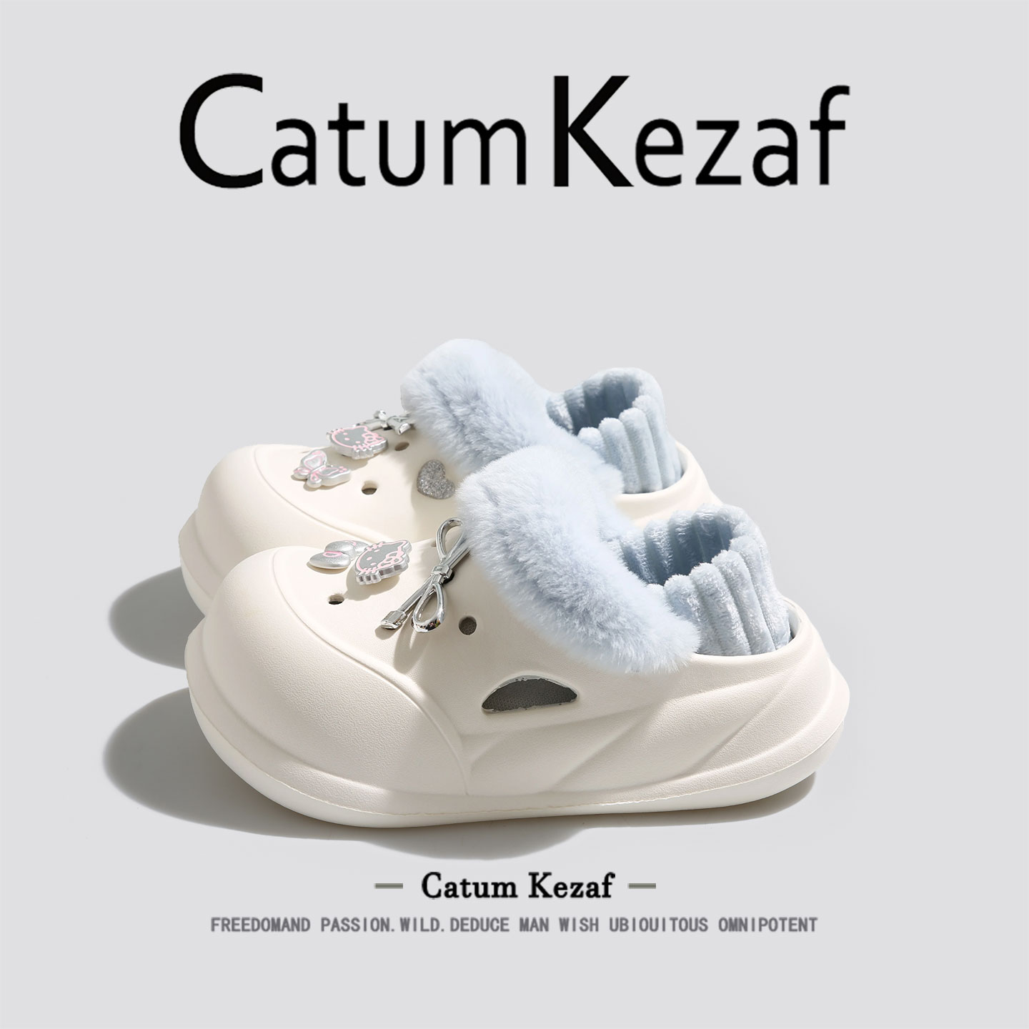 美国CatumKezaf可爱加绒洞洞鞋女冬外穿毛毛鞋厚底包跟kt猫棉拖鞋
