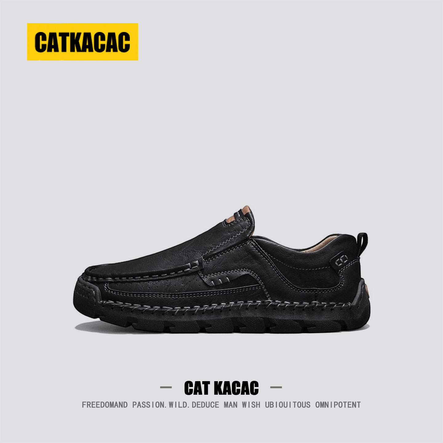 美国CATKACAC大码休闲皮鞋男款一脚蹬爸爸男士真皮软底懒人豆豆鞋