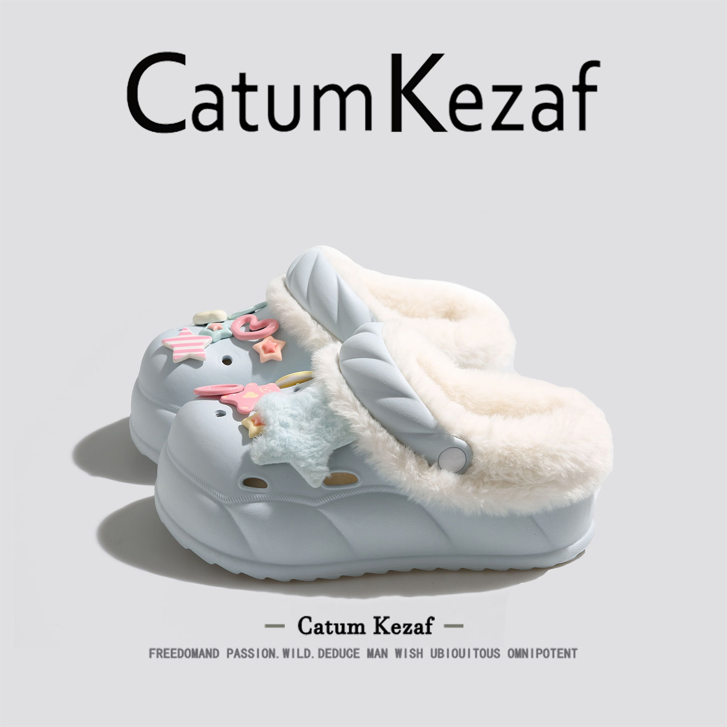 美国CatumKezaf可爱加绒洞洞鞋女款冬季外穿厚底包头毛毛绒棉拖鞋