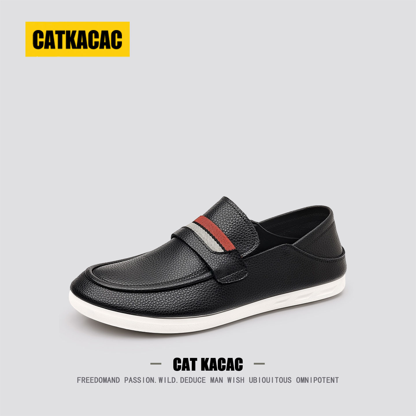 美国CATKACAC轻奢男士休闲皮鞋真皮一脚蹬老钱风豆豆乐福鞋子男款