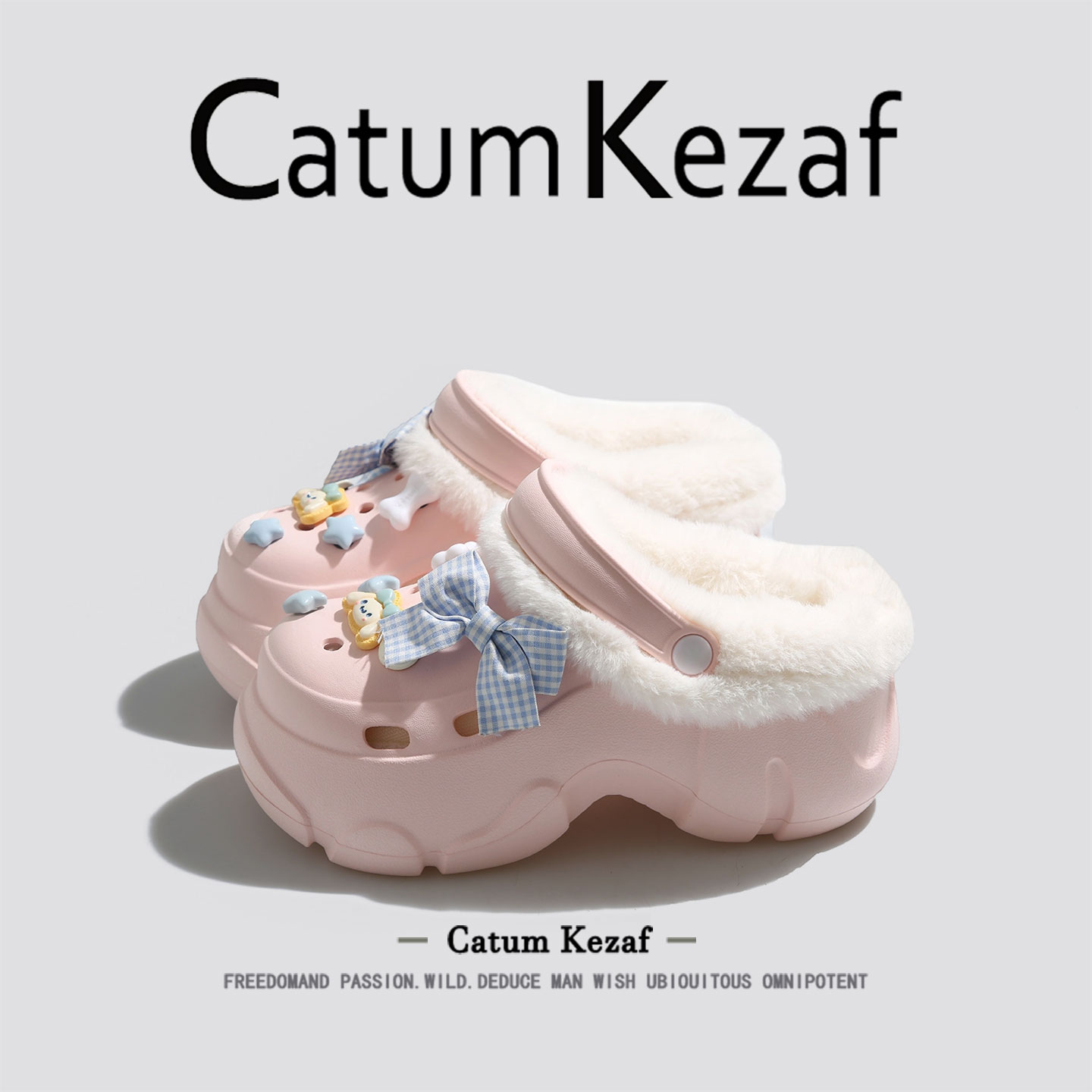 美国CatumKezaf加绒洞洞鞋女外穿2025新款冬季厚底增高包头棉拖鞋