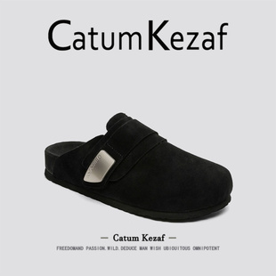 美国CatumKezaf黑色真皮勃肯鞋男女秋季厚底增高软木一脚蹬半拖鞋