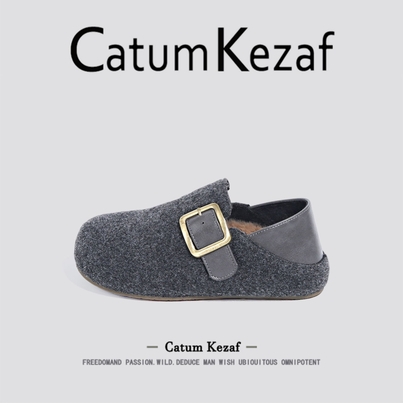 美国CatumKezaf灰色全包勃肯鞋女冬季一脚蹬乐福鞋加绒毛毛棉鞋