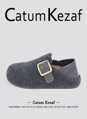 美国CatumKezaf灰色全包勃肯鞋女冬季一脚蹬乐福鞋加绒毛毛棉鞋