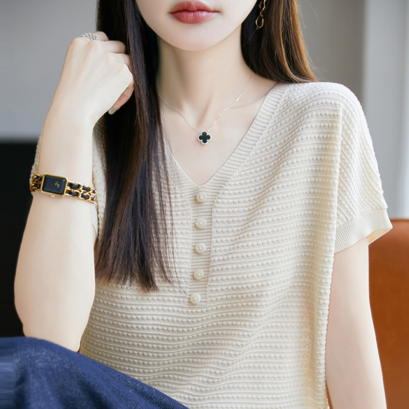 纯色V领短袖t恤女夏季2025新款打底衫洋气大码女装冰丝针织上衣