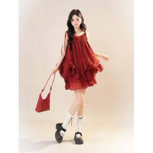夏甜美小个子宽松遮肉吊带裙短裙两件套 红莓糖纸 红色连衣裙套装