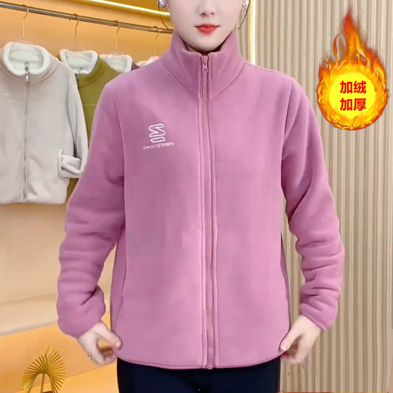 2026新款加厚奥粒绒外套中老年人加绒立领夹克妈妈冬装抓绒卫衣女