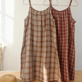 春夏文艺复古学院风吊带睡裙旅行家居服纯棉格子个性 家居连衣裙子