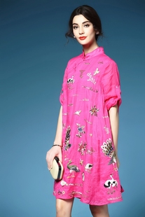 WITNTHEWIN 2025AW刺绣连衣裙国风重工绣花鸟孔雀棉麻改良旗袍裙