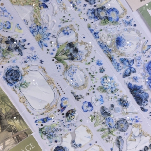 蓝色花花搭配咕卡流麻滴胶手帐PET胶带分装 Wines工作室 镜华映幽