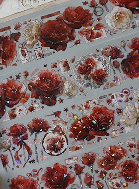 朝夕手帐工作室 静谧玫瑰 复古文艺红色花花咕卡流麻手帐pet胶带