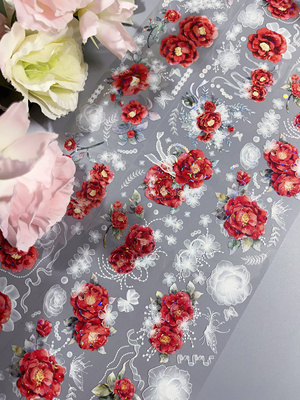 Hoshi奶芙 红枝白纱 红色山茶花半透花花咕卡流麻手帐pet胶带分装