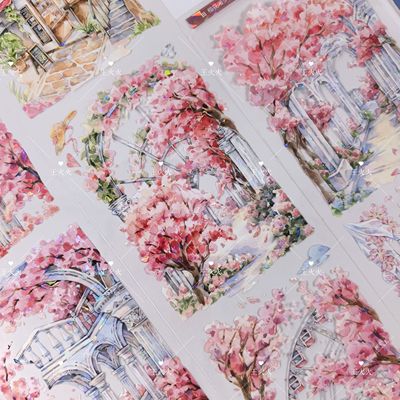 刺猬家工作室 樱花漫步 春日樱花风景咕卡流麻手帐拼贴PET胶带