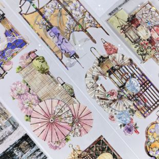 Wines工作室 古风多彩屏风背景咕卡流麻滴胶手帐PET胶带 真夜弥罗