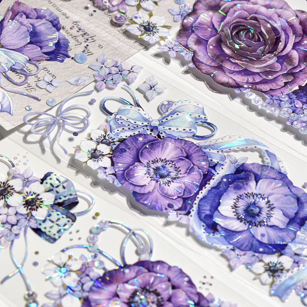 pet胶带分装 冰川 雾夜粉深紫夜 百搭紫红花花咕卡流麻胶带手账