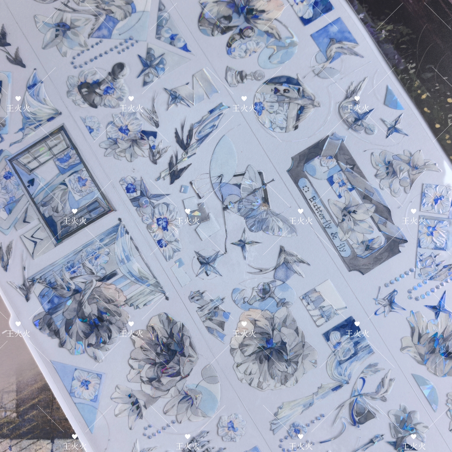 造船k 燕南飞 灰蓝色花花组合咕卡流麻滴胶手帐拼贴PET胶带分装