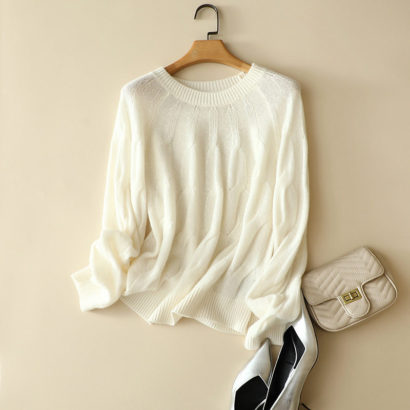 喜羊羊100%羊绒宽松圆领毛衣扭绳麻花插肩长袖优雅淑女新款秋冬装